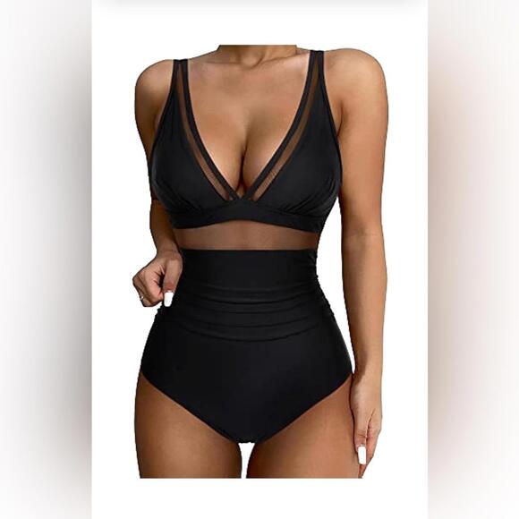 Other - NWOT Women Tummy Control High Waist V Neck Ruched Mesh Bathing Suit